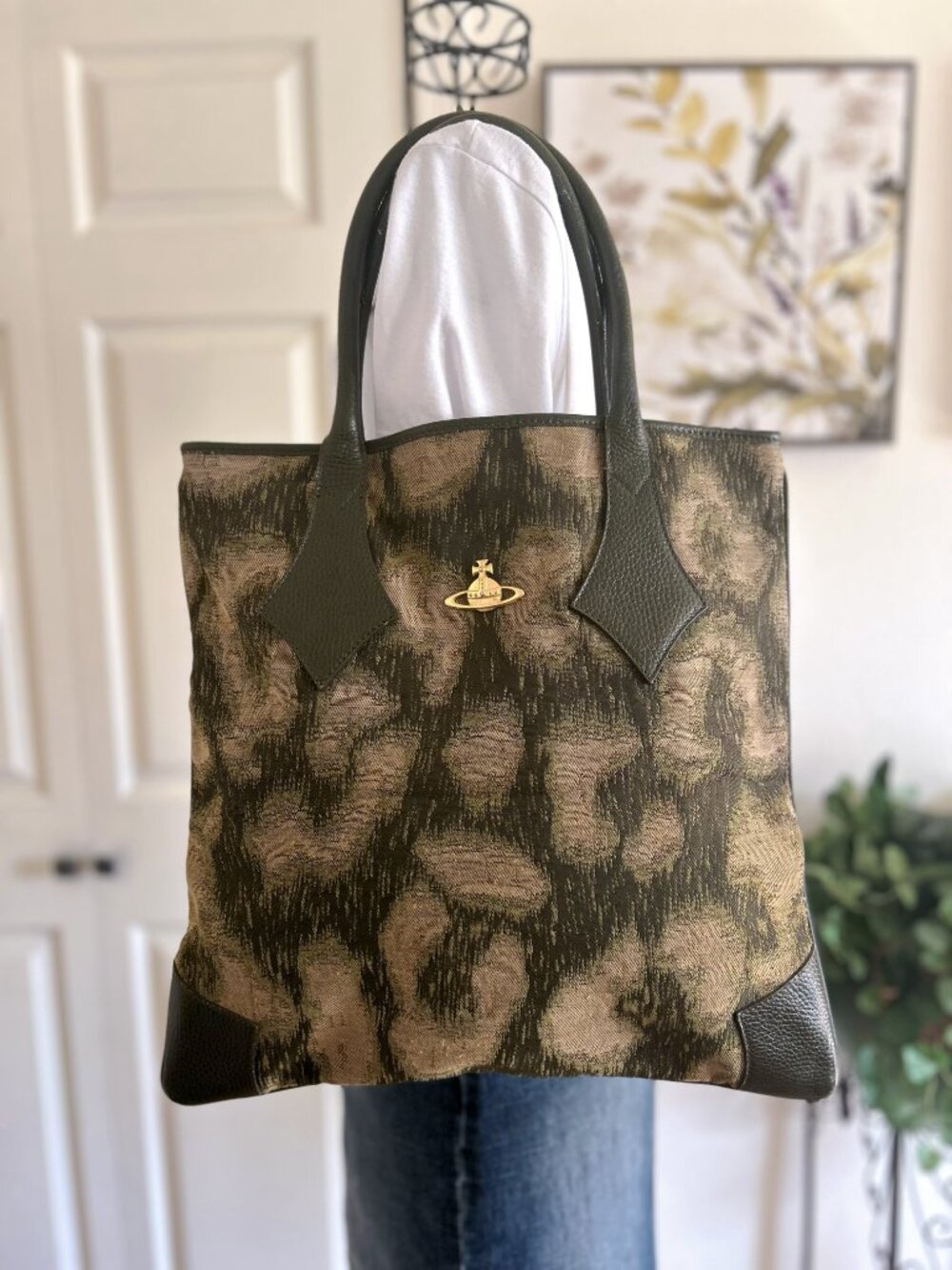 Vivienne Westwood Olive Patterned Tote with Dark Green Leather Trim